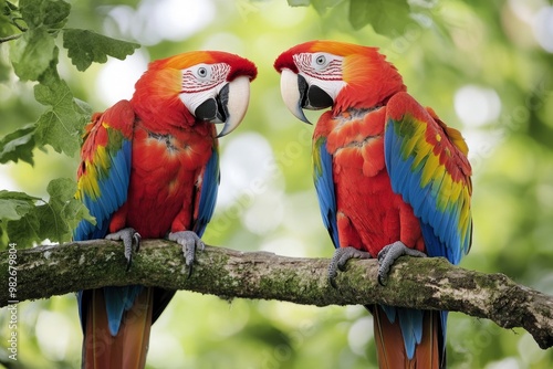 Macaws (Ara ararauna), pair, native to South America, captive, Wachenheim, Germany, Europe, ai