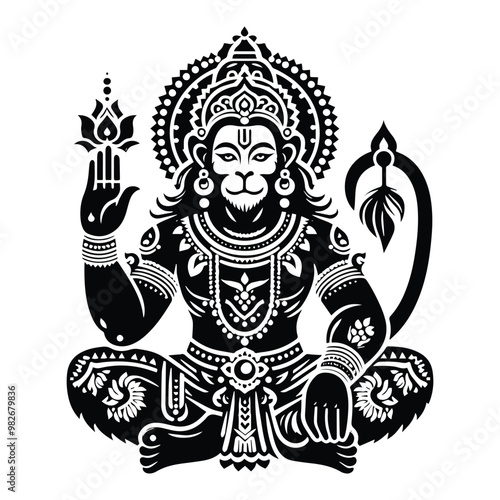 hanuman hindu god with folk art decoration in black and white illustrations, cutout graphic