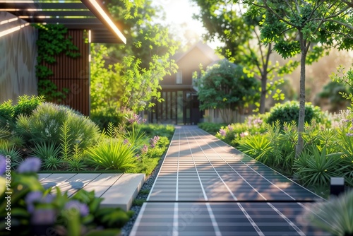 Walkable Solar Pathway. A modern garden pathway made of solar panels, surrounded by lush greenery and colorful flowers, showcasing sustainable design.