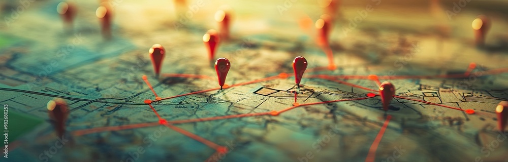 Close-up of a Map with Red Pins Marking a Route for a Journey