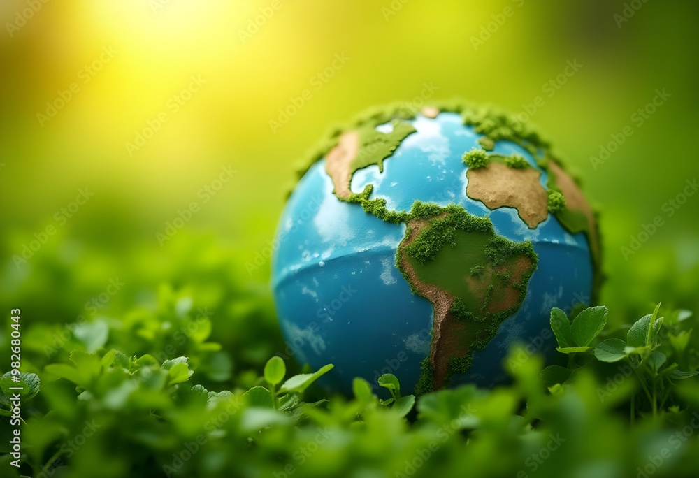 A vibrant Earth resting on lush greenery, illuminated by sunlight, symbolizes natures beauty and harmony. This image evokes sense of peace and environmental awareness A vibrant Earth resting on lush greenery, illuminated by sunlight, symbolizes natures beauty and harmony. This image evokes sense of peace and environmental awareness