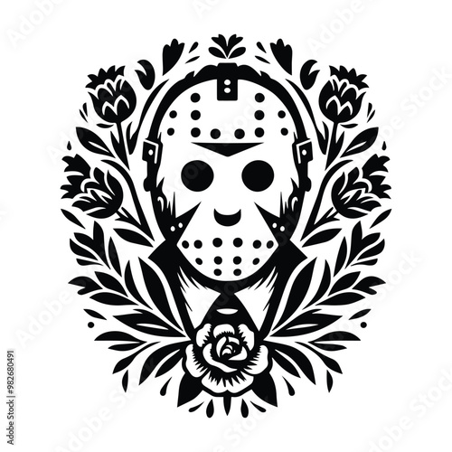 hockey mask killer with folk art decoration in black and white illustrations, cutout graphic