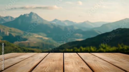 A serene wooden tabletop with a breathtaking view of distant mountains, perfect for nature and travel photography.