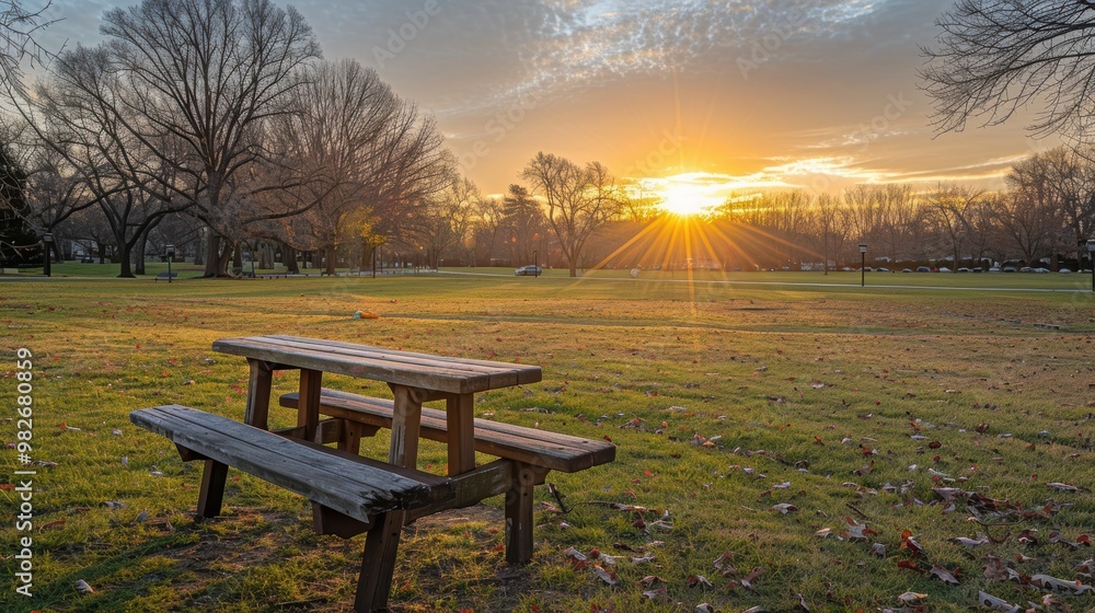 Fototapeta premium A serene autumn sunset in a peaceful park featuring an empty wooden picnic table surrounded by fallen leaves and bare trees