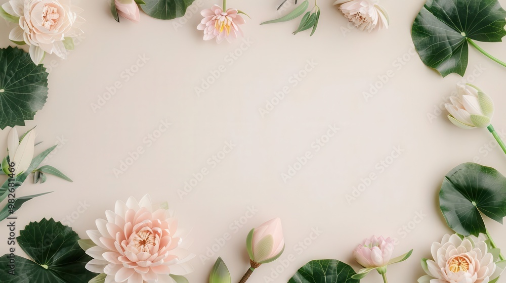 Frame with traditional Chinese scroll painting and lotus flowers, serene and detailed Frame with traditional Chinese scroll painting and lotus flowers, serene and detailed