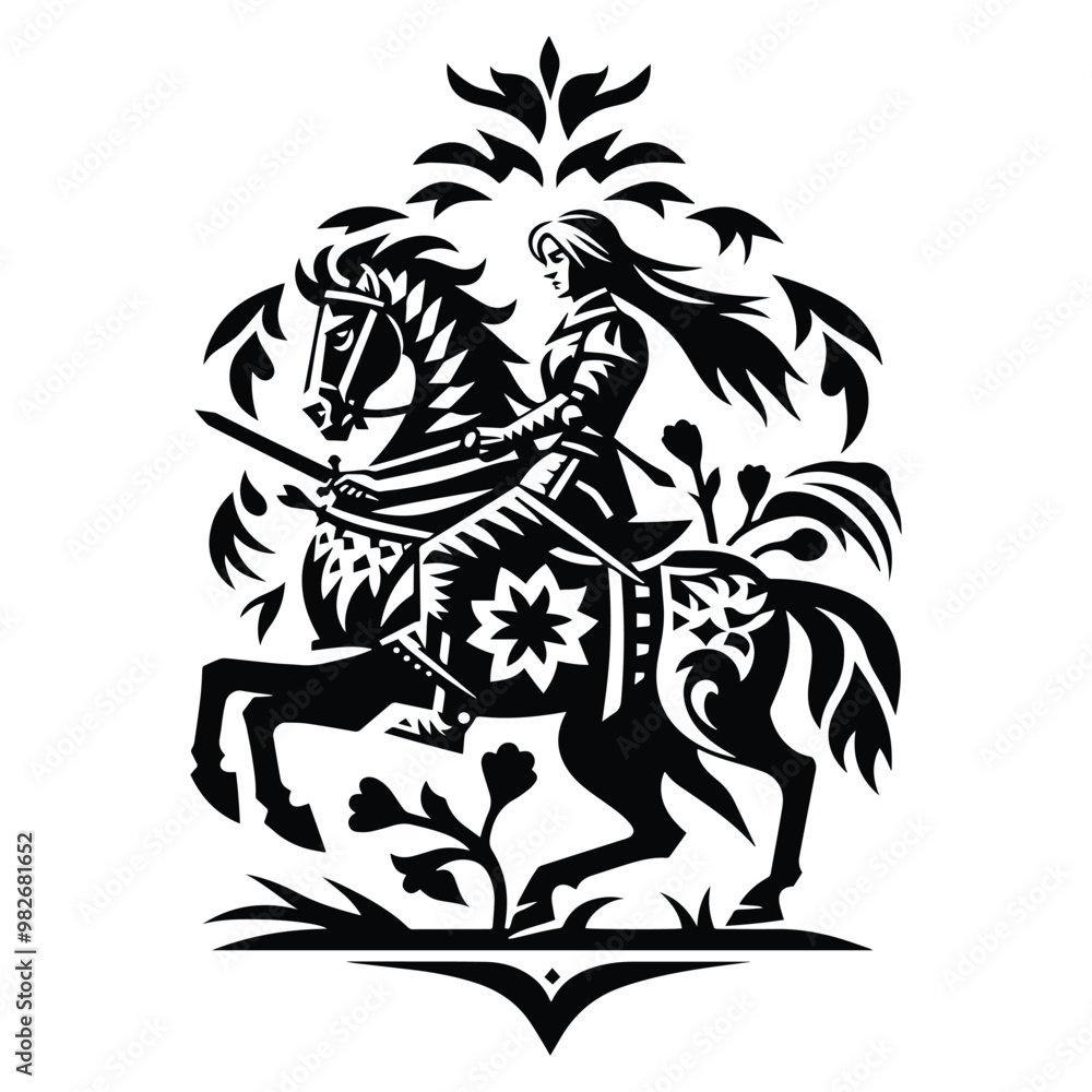 custom made wallpaper toronto digitalknight riding horse female with folk art decoration in black and white illustrations, cutout graphic