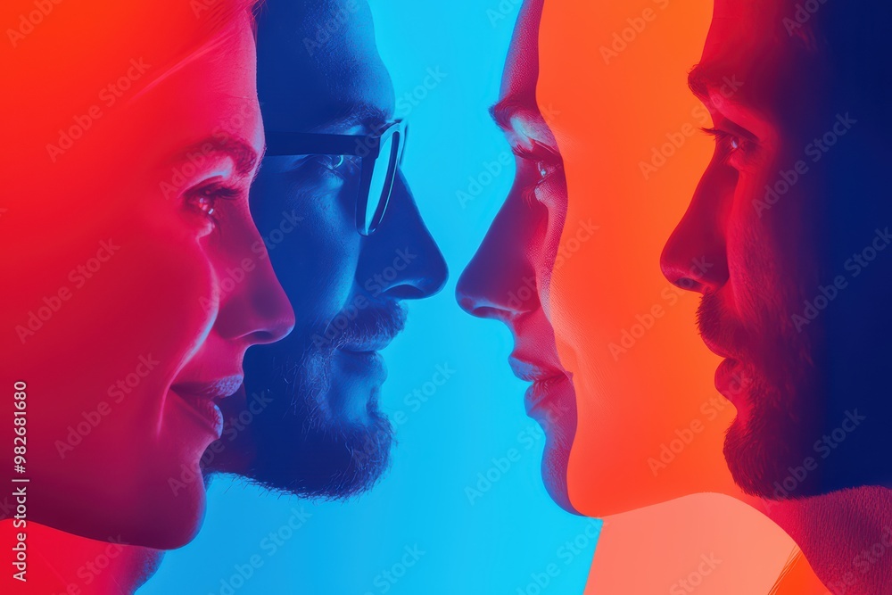 A vibrant artistic image featuring four faces in profile, illuminated by striking red and blue lighting, representing connection. A vibrant artistic image featuring four faces in profile, illuminated by striking red and blue lighting, representing connection.