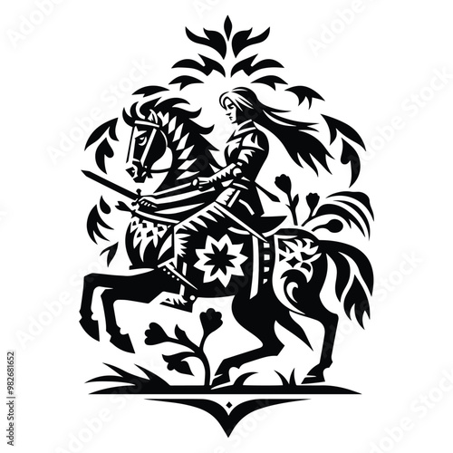 Wallpaper Mural knight riding horse female with folk art decoration in black and white illustrations, cutout graphic Torontodigital.ca