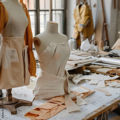 fashion studio with a dress form, tools, and a cluttered worktable. Walls feature sketches and fabric swatches. Concept of creativity and design photo