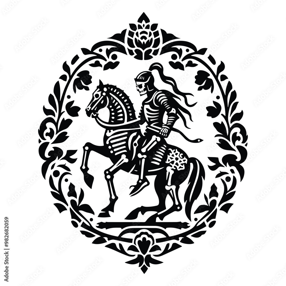 Fototapeta premium knight riding horse skeleton with folk art decoration in black and white illustrations, cutout graphic