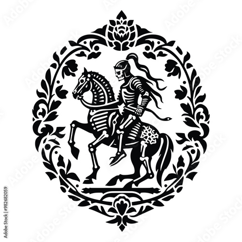 knight riding horse skeleton with folk art decoration in black and white illustrations, cutout graphic