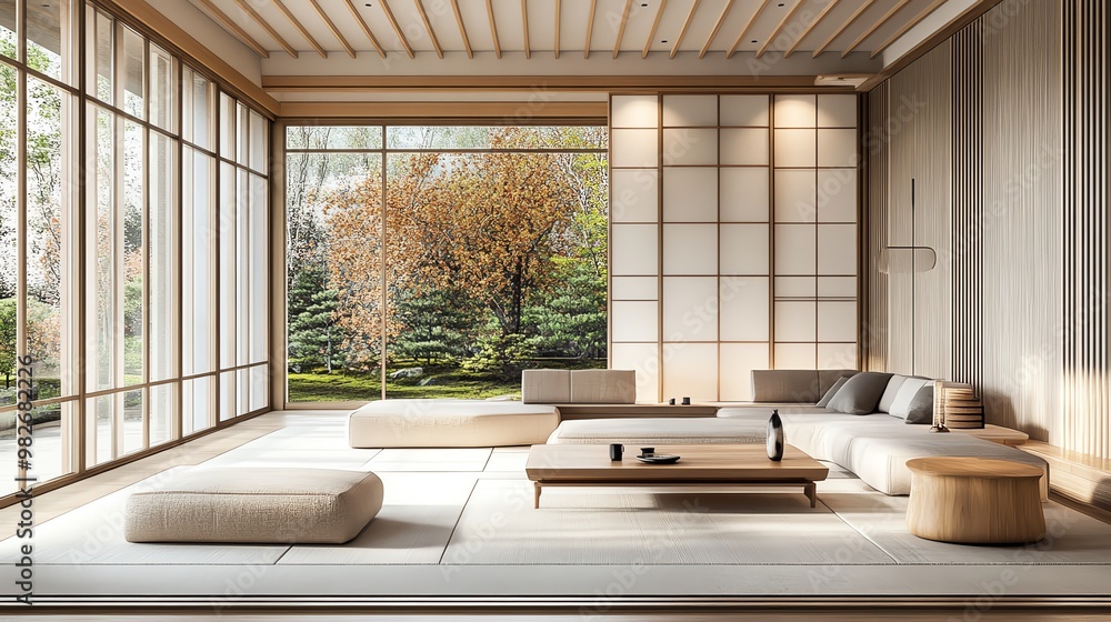 A serene, modern interior featuring natural light, comfortable seating, and a beautiful garden view, ideal for relaxation and tranquility. A serene, modern interior featuring natural light, comfortable seating, and a beautiful garden view, ideal for relaxation and tranquility.
