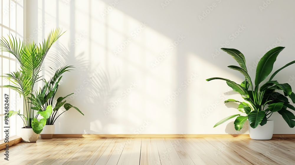 Bright and airy interior space featuring potted plants and wooden flooring, perfect for a serene environment. Bright and airy interior space featuring potted plants and wooden flooring, perfect for a serene environment.