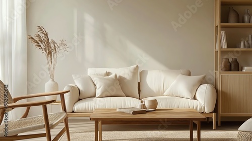 Cozy living room with a neutral palette, featuring a plush sofa, wooden table, and decorative plants for a serene atmosphere.