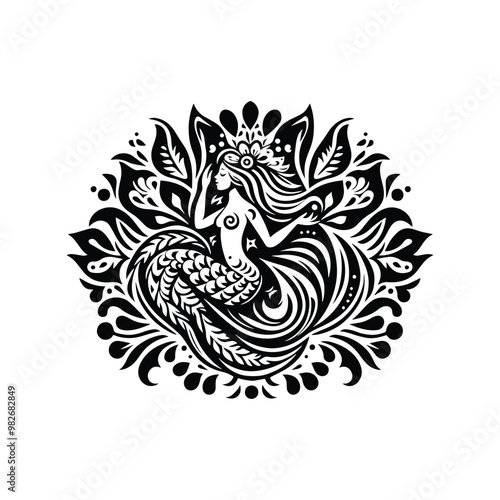Mermaid inside folk art decoration in black and white illustrations, cutout graphic