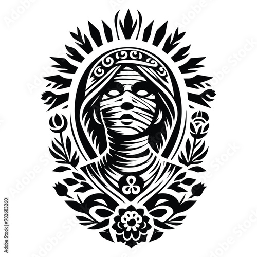 mummy female with folk art decoration in black and white illustrations, cutout graphic