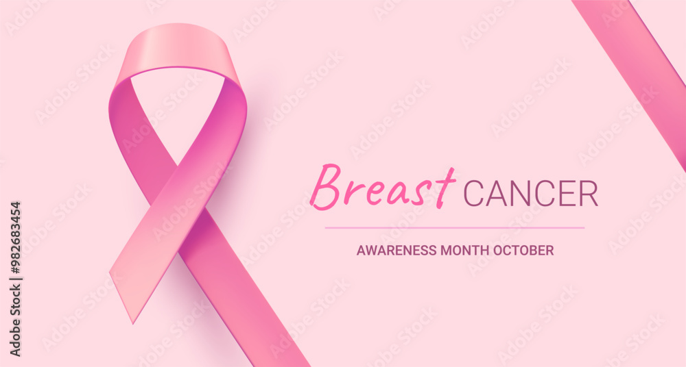 Vector illustration of symbol of breast cancer awareness. Breast cancer pink realistic ribbon with loop and shadow on pink color background. Template design with word for awareness month campaign Vector illustration of symbol of breast cancer awareness. Breast cancer pink realistic ribbon with loop and shadow on pink color background. Template design with word for awareness month campaign