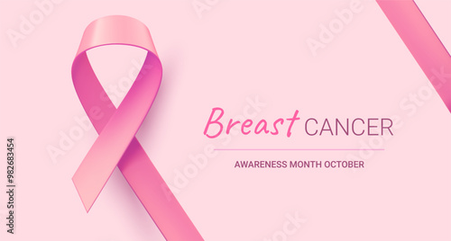 Vector illustration of symbol of breast cancer awareness. Breast cancer pink realistic ribbon with loop and shadow on pink color background. Template design with word for awareness month campaign