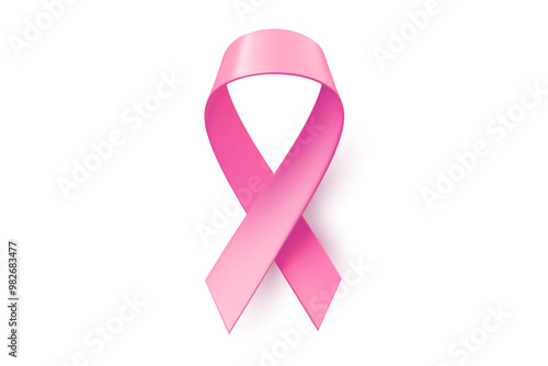 Vector illustration of breast cancer pink realistic ribbon with loop and shadow on white background. Symbol of breast cancer awareness. Template design of shine ribbon for awareness month campaign