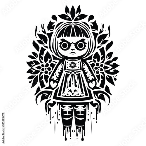 murder doll with folk art decoration in black and white illustrations, cutout graphic