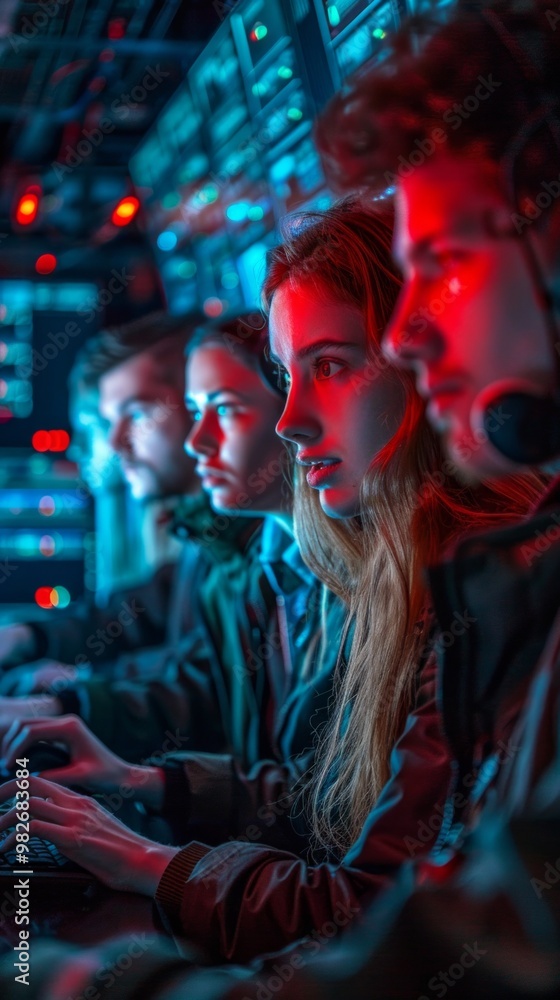 Five individuals in a high-tech setting, brightly lit with red and blue colors, engrossed in a computer activity. Mix of genders, some with glasses, typing, and casual attire. Five individuals in a high-tech setting, brightly lit with red and blue colors, engrossed in a computer activity. Mix of genders, some with glasses, typing, and casual attire.