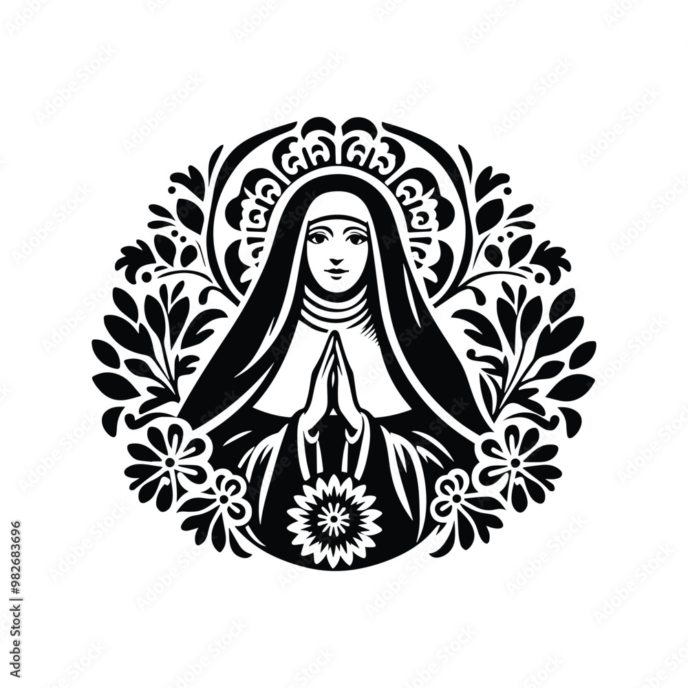 nun inside folk art decoration in black and white illustrations, cutout graphic nun inside folk art decoration in black and white illustrations, cutout graphic