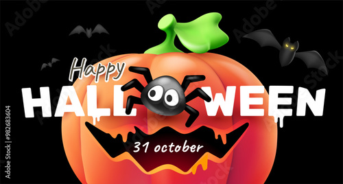Vector holiday illustration of pumpkin character with scary face with spider and bat on black background. 3d style realistic design of halloween orange smile pumpkin monster with happy halloween word