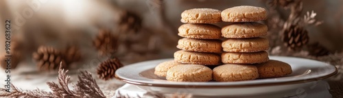 Delicious golden cookies stacked on a plate, perfect for festive occasions and cozy gatherings, capturing a warm, inviting atmosphere.