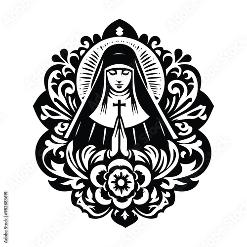 nun inside folk art decoration in black and white illustrations, cutout graphic