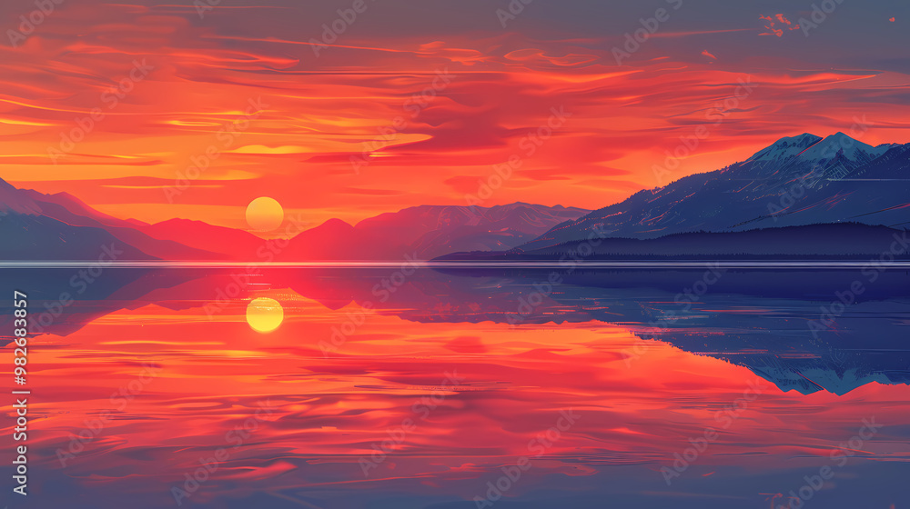 Fototapeta premium Red sky reflection on a calm evening, vector illustration