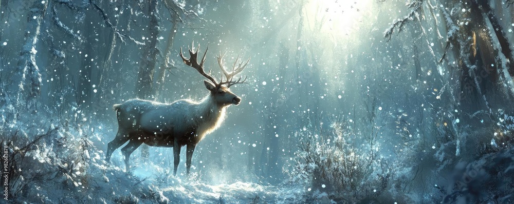 Fototapeta premium A majestic deer stands in a serene, snow-covered forest, illuminated by soft, ethereal light, creating a tranquil winter scene.