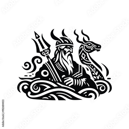 odin nordic god with folk art decoration in black and white illustrations, cutout graphic