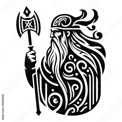 odin nordic god with folk art decoration in black and white illustrations, cutout graphic