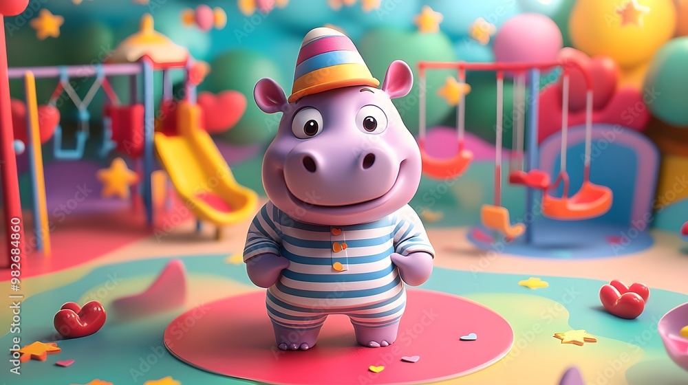 Fototapeta premium Shiny hippo with playful eyes wearing a striped shirt and funny hat surrounded by hearts stars and a vibrant playground with swings and slides