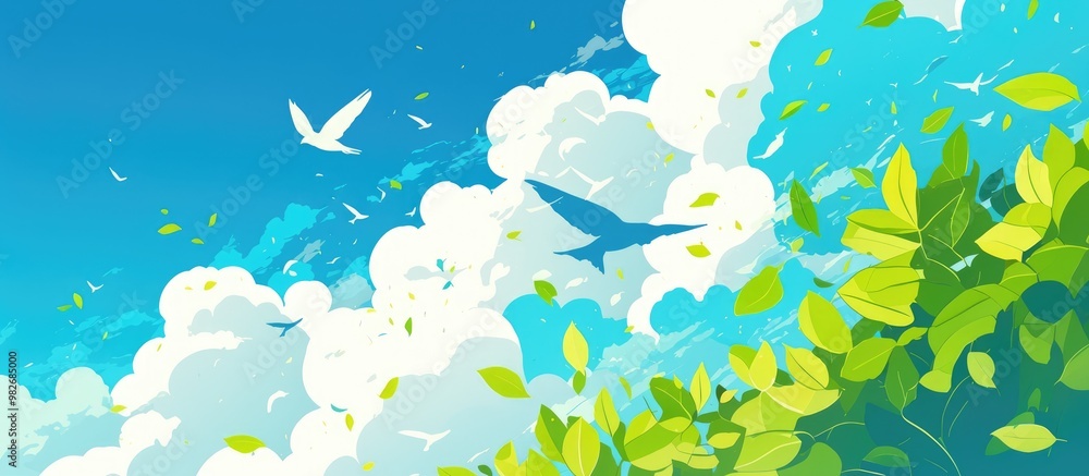 Vector illustration featuring a blue sky with clouds green leaves wind and flying birds A versatile flat style background suitable for wallpapers banners cards and textile prints Vector illustration featuring a blue sky with clouds green leaves wind and flying birds A versatile flat style background suitable for wallpapers banners cards and textile prints