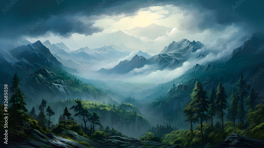 Fototapeta premium Misty pine forest on the mountain. vintage retro style. Suitable for nature wallpaper. Mountaineering banner