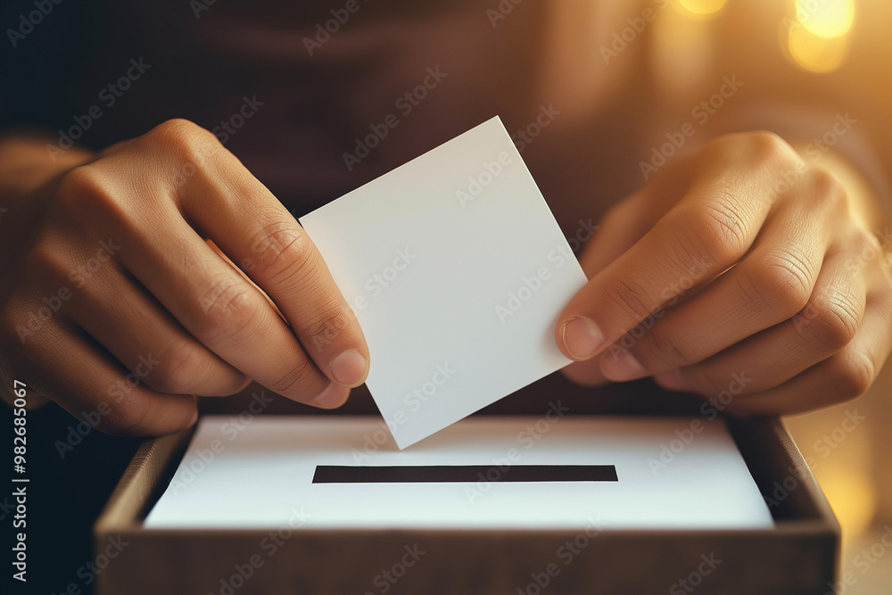 close up of hands placing white card in a vote box, empty card for text, 2024 elections concept close up of hands placing white card in a vote box, empty card for text, 2024 elections concept