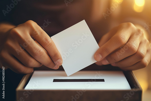 close up of hands placing white card in a vote box, empty card for text, 2024 elections concept