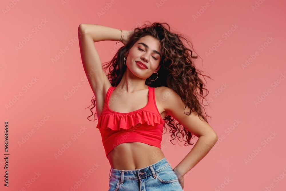 A woman in a red top and jeans posing for a picture, great for fashion, lifestyle or beauty use A woman in a red top and jeans posing for a picture, great for fashion, lifestyle or beauty use