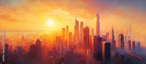 Painting of a Sunrise Cityscape Featuring Skyscrapers in an Urban Landscape with Modern Developments and Transportation Infrastructure