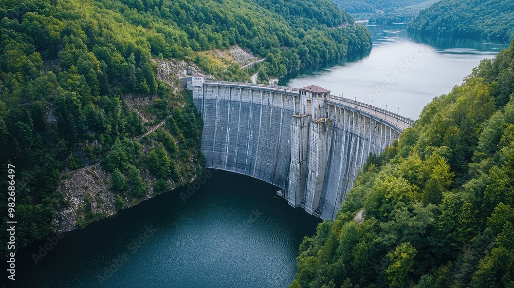 A breathtaking aerial view of a dam surrounded by lush green forests, reflecting in the calm waters below, showcasing nature and engineering. A breathtaking aerial view of a dam surrounded by lush green forests, reflecting in the calm waters below, showcasing nature and engineering.