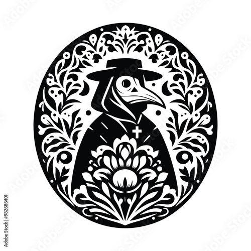 Plague Doctor with folk art decoration in black and white illustrations, cutout graphic photo