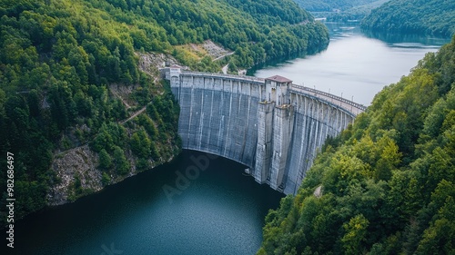 A breathtaking aerial view of a dam surrounded by lush green forests, reflecting in the calm waters below, showcasing nature and engineering.