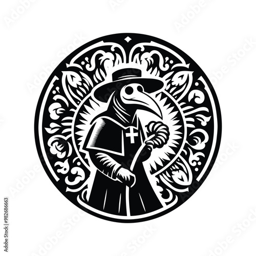 Plague Doctor with folk art decoration in black and white illustrations, cutout graphic photo