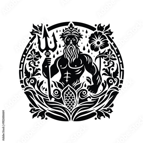 Poseidon greek god with trisula with folk art decoration in black and white illustrations, cutout graphic black and white illustration