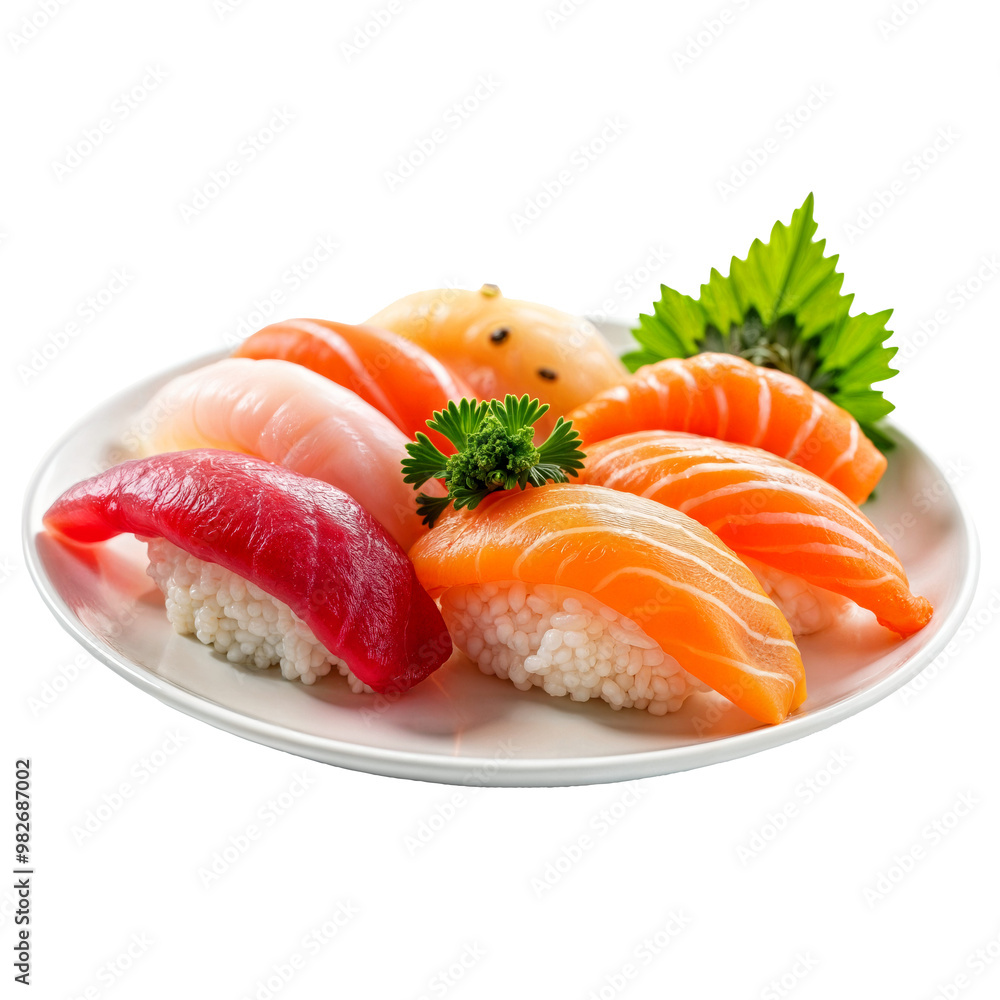 Plate of assorted sushi nigiri isolated on transparent background Plate of assorted sushi nigiri isolated on transparent background