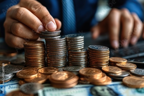 Hand Placing Coin on Top of Stack of Coins