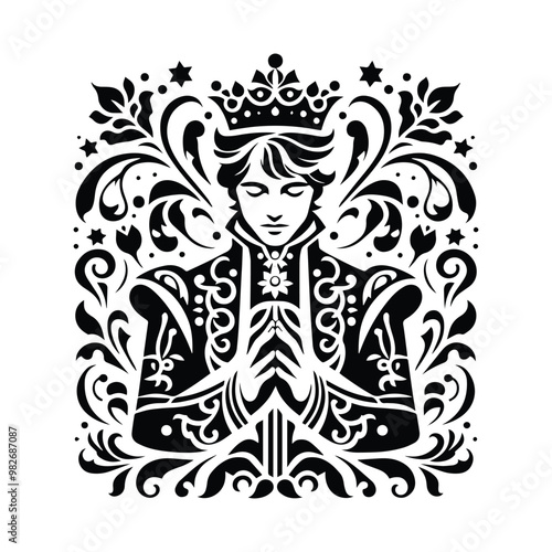 prince with folk art decoration in black and white illustrations, cutout graphic