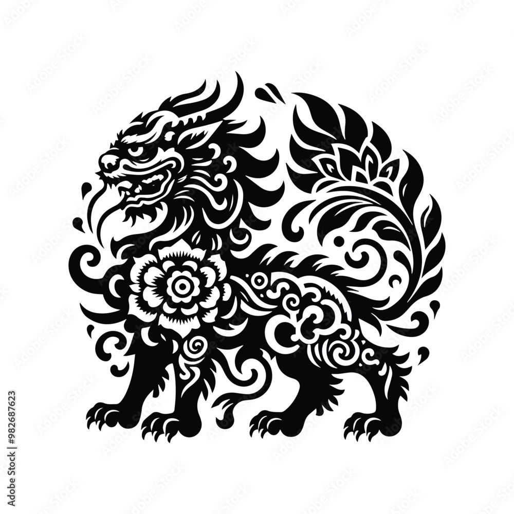 Obraz premium Qilin with folk art decoration in black and white illustrations, cutout graphic