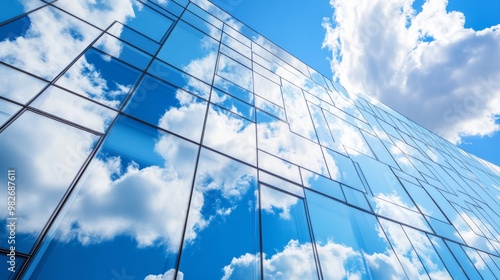 A fragment of a modern office building in the capital .glass buildings with cloudy blue sky background .modern office building